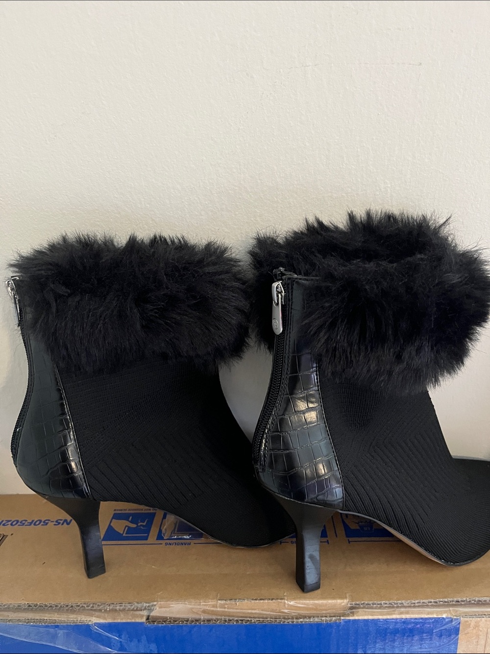 Adrienne Vittadini Black Faux Fur-Trim Ankle Heeled Boots